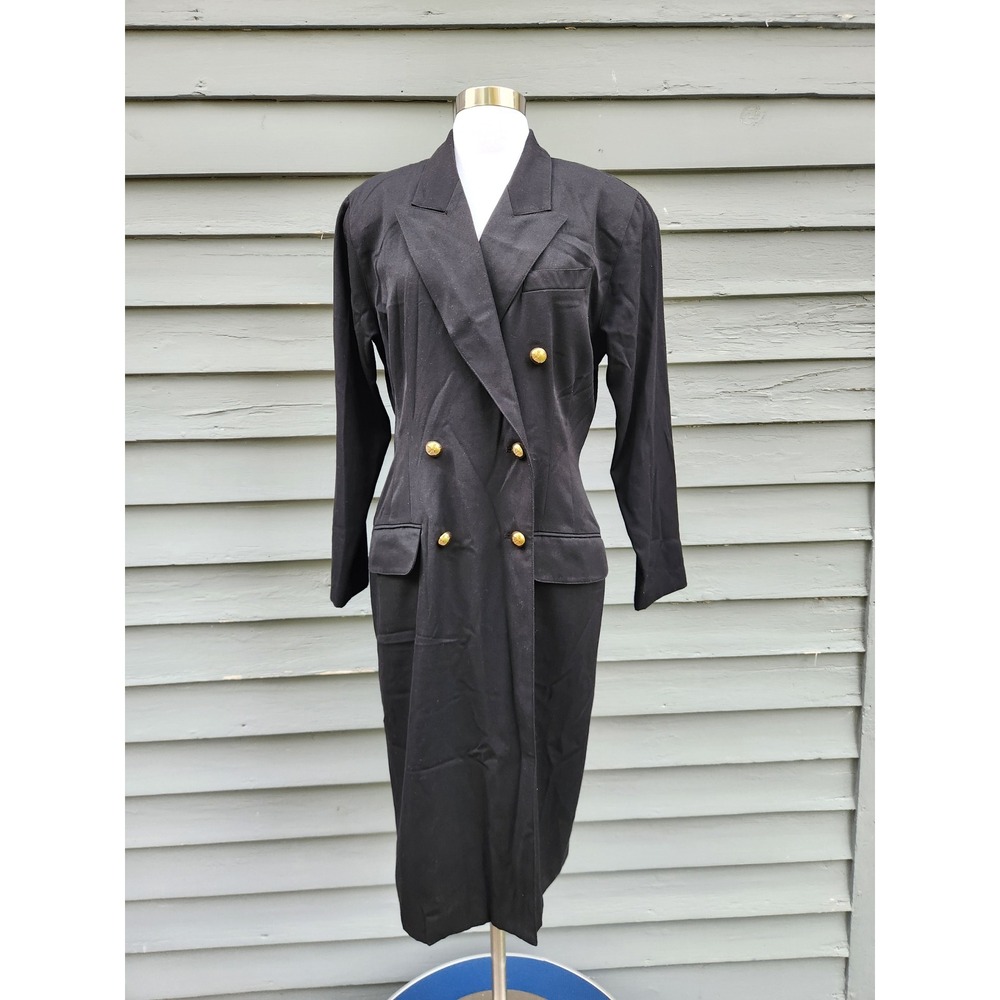 Vintage 80s Kasper for A.S.L. Blazer Dress Black Double Breasted Gold Button Md